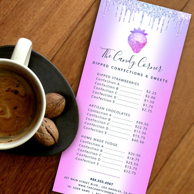 Lila Glitzer Tropfen Strawberry Dessert Sweet Menu Werbekarte (Von Creator hochgeladen)