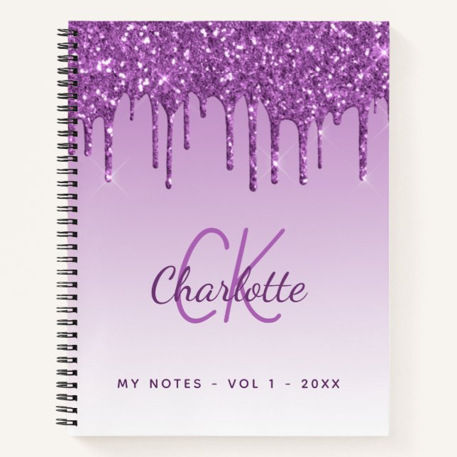 Lila Glitzer Tropfen violett Monogramm Notizbuch (Vorderseite)