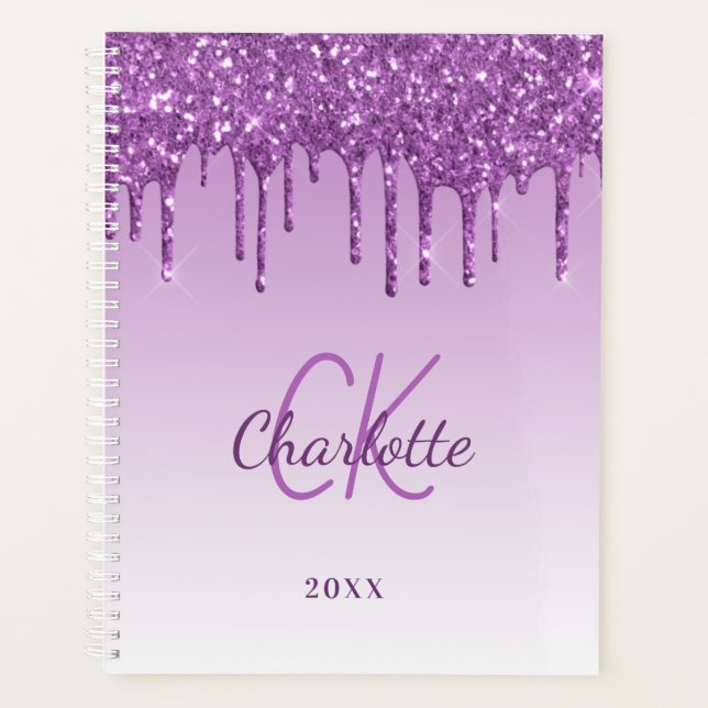 Lila Glitzer Tropfen violett Monogramm Planer (Vorderseite)