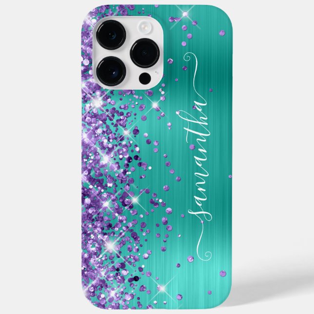 Lila Glitzer Türkis Glam Girly Signature Case-Mate iPhone 14 Pro Max Hülle (Rückseite)