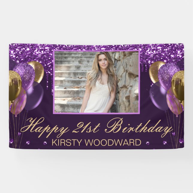 Lila Glitzer und Goldballons zum Geburtstag Banner (Horizontal)