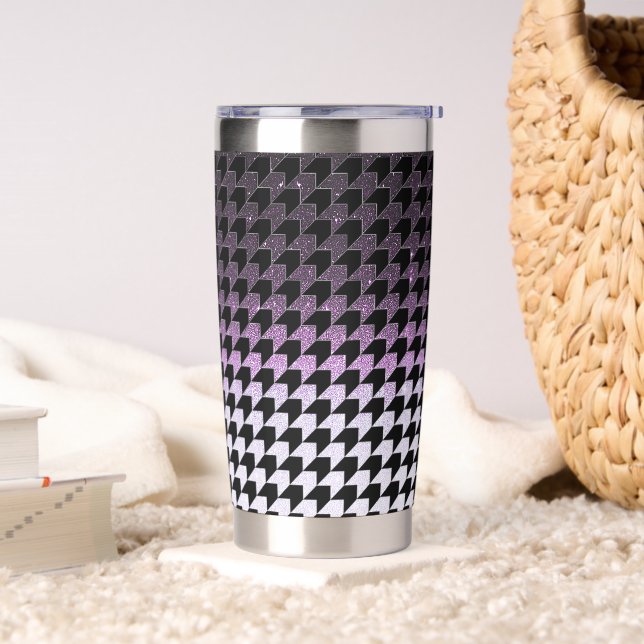 Lila Glitzer und schwarzes Hahnentrittmuster Thermobecher (Wohnzimmer)