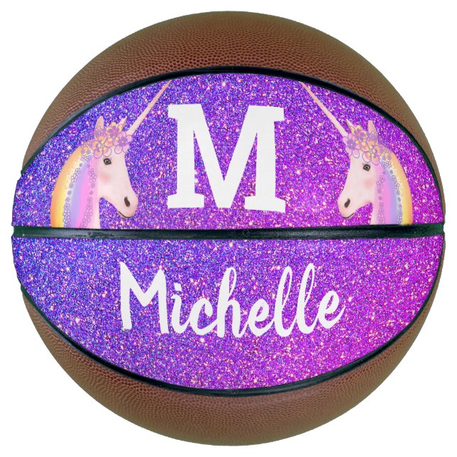 Lila Glitzer Unicorn Girls Monogramm Personalisier Basketball (Vorderseite)