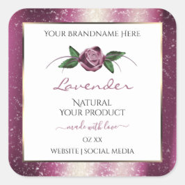 Lila Glitzer Weißproduktkennzeichnungen Rose Blume Quadratischer Aufkleber