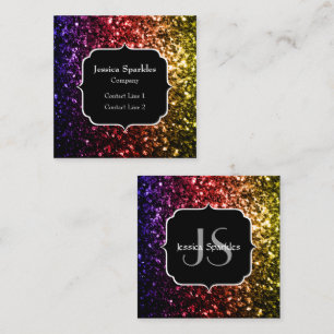 Lila Glitzern mit Regenbogengelb, Monogramm Quadratische Visitenkarte