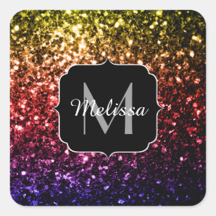 Lila Glitzern mit Regenbogengelb, Monogramm Quadratischer Aufkleber
