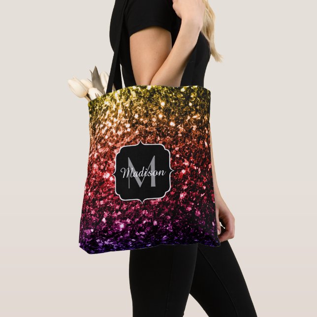 Lila Glitzern mit Regenbogengelb, Monogramm Tasche (Von Nahem)