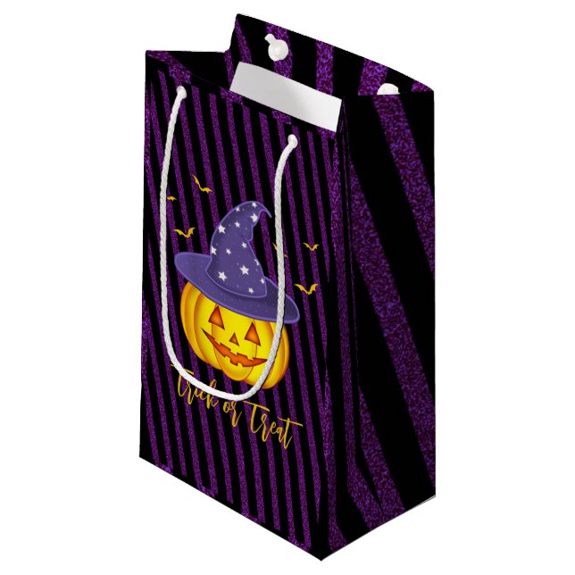 Lila Glitzern und schwarze Streifen Halloween Pump Kleine Geschenktüte (Vorderseite Schrägansicht)