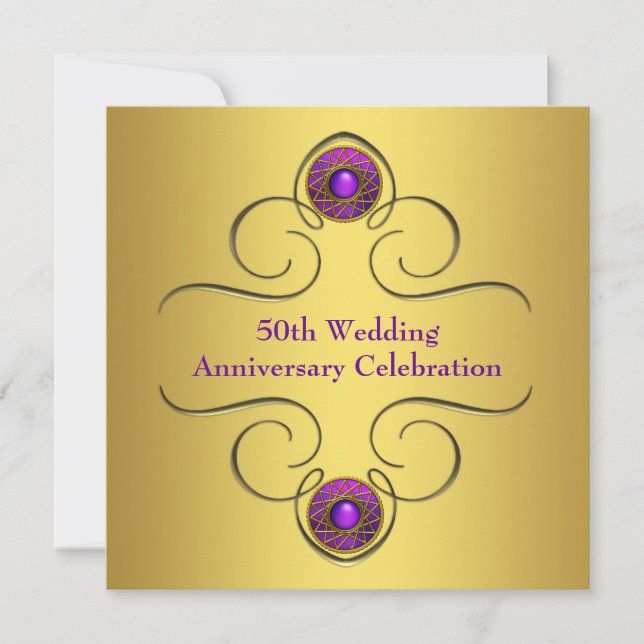 Lila Gold 50. Hochzeitstag Party Einladung (Vorderseite)