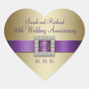 Lila Gold 50. Wedding Anniversary Heart Sticker