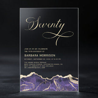 Lila Gold Agate 70. Geburtstagsparty Acryleinladungen