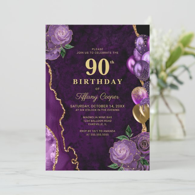 Lila Gold Agate 90. Geburtstag Einladung (Stehend Vorderseite)