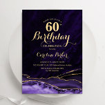 Lila Gold Agate Marble 60. Geburtstag Einladung<br><div class="desc">lila und goldene Altersgruppe 60. Geburtstagsfeier Einladung. Elegantes modernes Design mit Aquarellfarben-marmorgeode Hintergrund,  Imitate Glitzer Gold und Typografie Skript-Schriftart. Die trendige Einladungskarte eignet sich perfekt für eine stilvolle Damenfeier. Gedruckte Zazzle Einladungen oder Sofortdownload digitalen druckbaren Vorlage.</div>