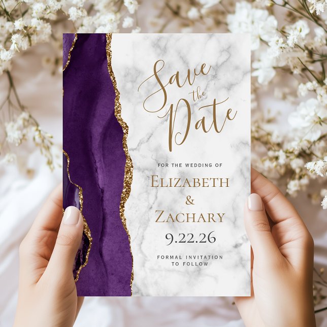Lila Gold Agate Marble Save the Date Karte (Von Creator hochgeladen)