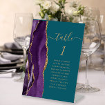 Lila Gold Agate Script Aquamarin Wedding Tischnumm Sockelschild<br><div class="desc">Der links Rand dieses eleganten modernen Hochzeitssockels mit Tischnummer besticht durch eine lila Aquarellgrenze,  die mit Imitaten mit goldenem Glitzer bestickt wurde. Das Wort "Tabelle" erscheint in farbigen goldfarbenen Schriftzeichen auf einem aquamarinen blauen Hintergrund. Fügen Sie die Namen Ihrer Gäste hinzu,  die jeder Tabelle zugeordnet sind.</div>