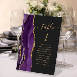 Lila Gold Agate Script Dark Wedding Tischnummer Sockelschild<br><div class="desc">Der links Rand dieses eleganten modernen Hochzeitssockels mit Tischnummer besticht durch eine lila Aquarellgrenze,  die mit Imitaten mit goldenem Glitzer bestickt wurde. Das Wort "Tabelle" erscheint in einem farbigen goldfarbenen Skript auf einem schwarzen Hintergrund. Fügen Sie die Namen Ihrer Gäste hinzu,  die jeder Tabelle zugeordnet sind.</div>