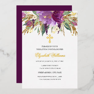 Lila Gold Amethyst Blumen Mädchen Taufe Folie Folieneinladung