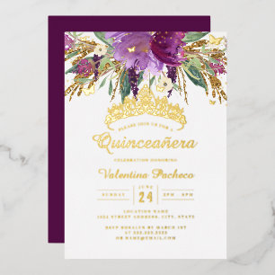 Lila Gold Amethyst Floral Quinceanera Folieneinladung