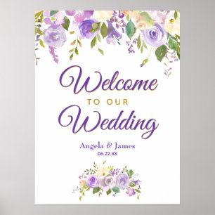 Lila Gold Aquarell Blumen Hochzeit Willkommen Poster