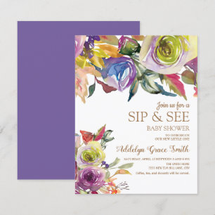 Lila Gold Aquarell Blumen Sip See Baby Shower Einladung