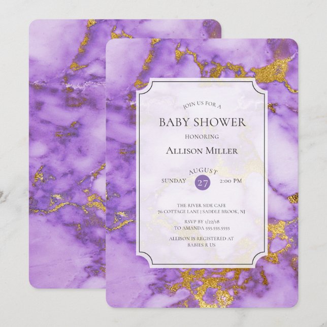 Lila & Gold Baby Dusche Einladung (Vorne/Hinten)