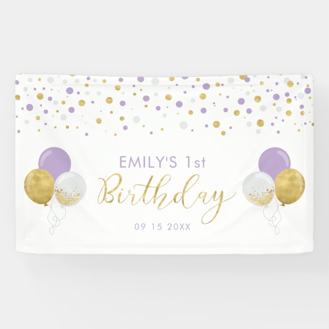 Lila & Gold Ballon 1. Geburtstagsbanner Banner (Horizontal)