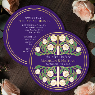 Lila Gold Blumen Schwert Königliche Hochzeitsprobe Einladung