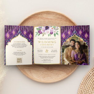 Lila Gold Blumen Vorhang Indische Hindu-Hochzeit Dreifach Gefaltete Einladung