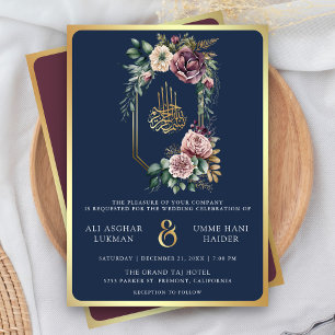 Lila Gold Blumenwappen Navy Blau Muslimische Hochz Einladung