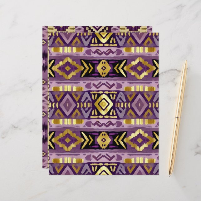 Lila & Gold Boho Aztec Geo Patterns Scrapbook (Vorderseite/Rückseite Beispiel)