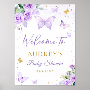 Lila Gold Butterfly BläsernBaby Dusche Willkommen Poster