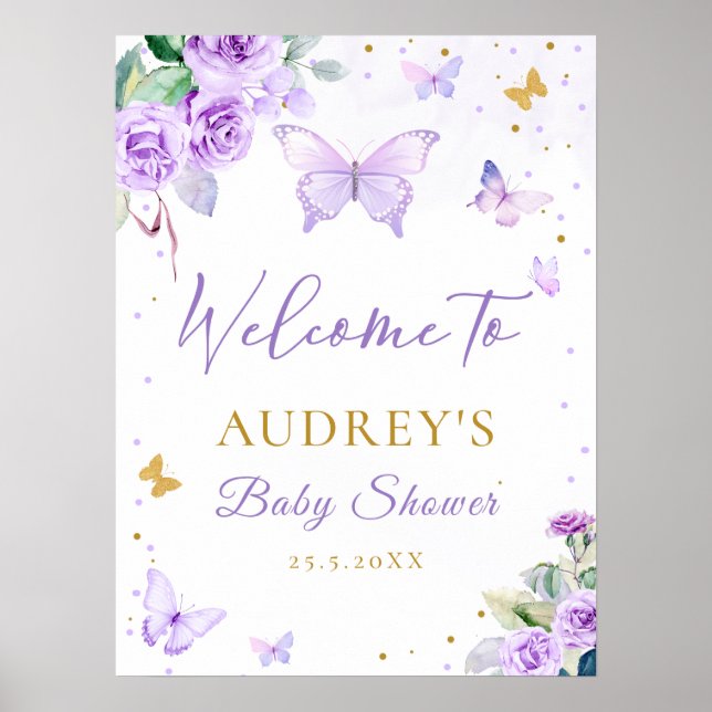 Lila Gold Butterfly BläsernBaby Dusche Willkommen Poster (Vorne)