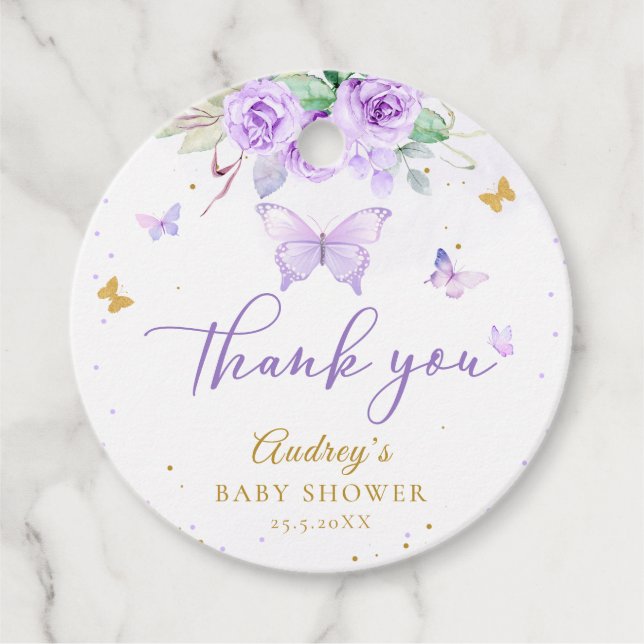 Lila Gold Butterfly Floral Baby Dusche Geschenkanhänger (Vorderseite)