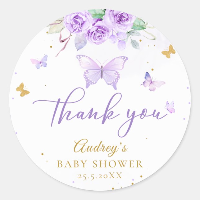 Lila Gold Butterfly Floral Baby Dusche Runder Aufkleber (Vorderseite)