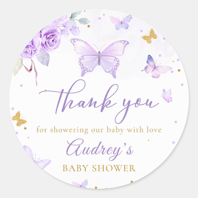 Lila Gold Butterfly Floral Girl Babydusche Runder Aufkleber (Vorderseite)