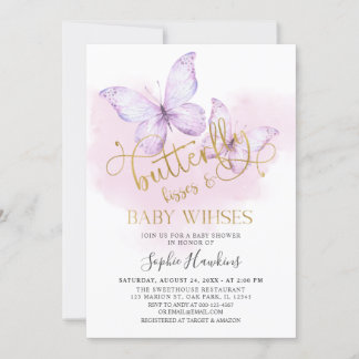 Lila Gold Butterfly Kisses Baby Girl Baby Dusche Einladung