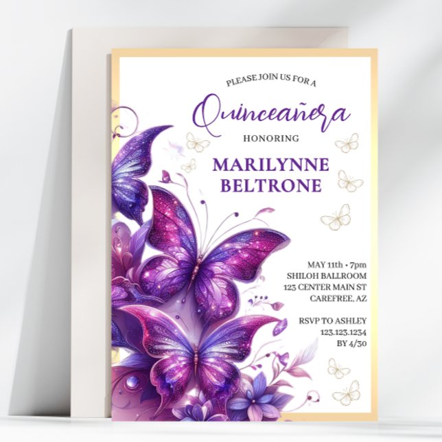 Lila Gold Butterfly Quinceañera Einladung (Von Creator hochgeladen)