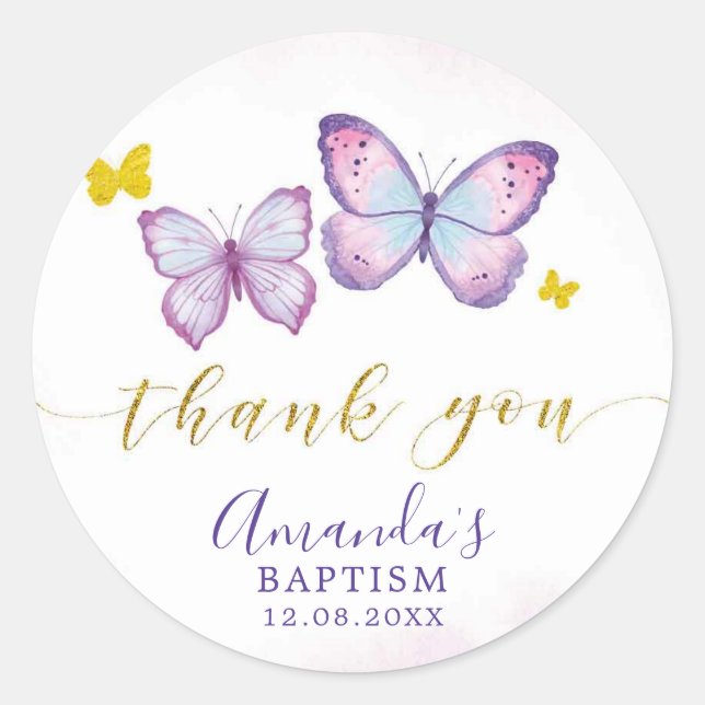 Lila Gold Butterfly Taufe Vielen Dank Sticker (Vorderseite)