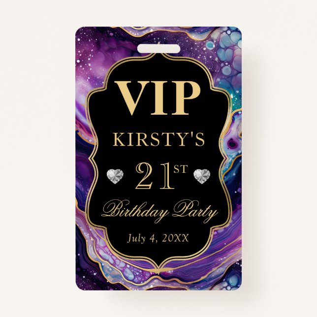 Lila Gold Celestial Glitzer Agate Birthday VIP Ausweis (Vorderseite)