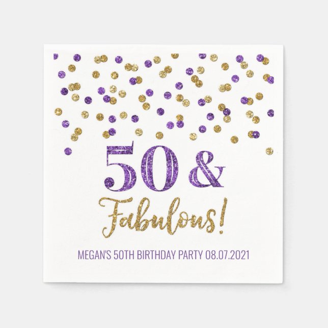 Lila Gold Confetti 50 & Fabulous Geburtstag Serviette (Vorderseite)