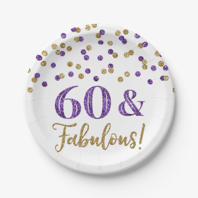 Lila Gold Confetti 60 und fabelhaft Pappteller (Vorderseite)
