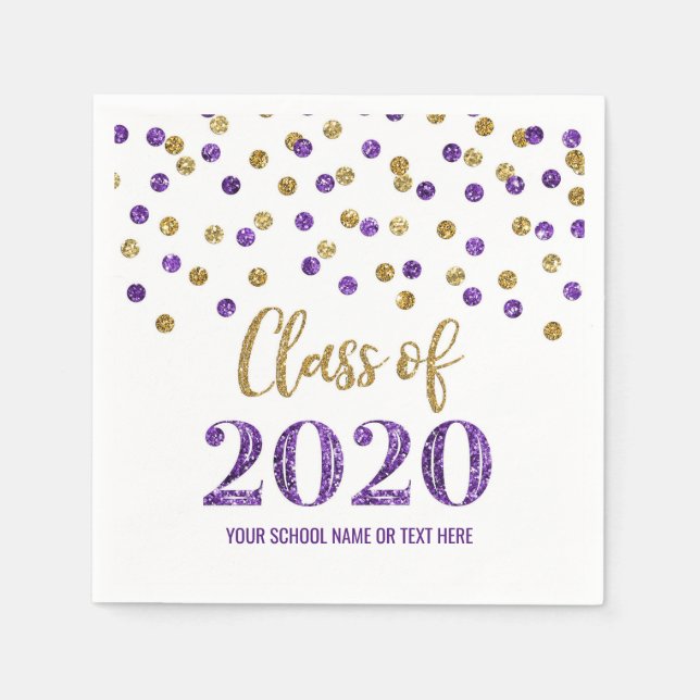 Lila Gold Confetti Class 2020 Abschluss Serviette (Vorderseite)