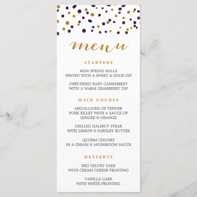 Lila & Gold Confetti Dots Moderne Menükarte (Vorderseite)