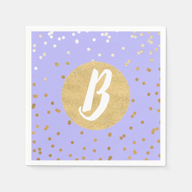 Lila & Gold Confetti Dots Modernes Monogramm Party Serviette (Vorderseite)