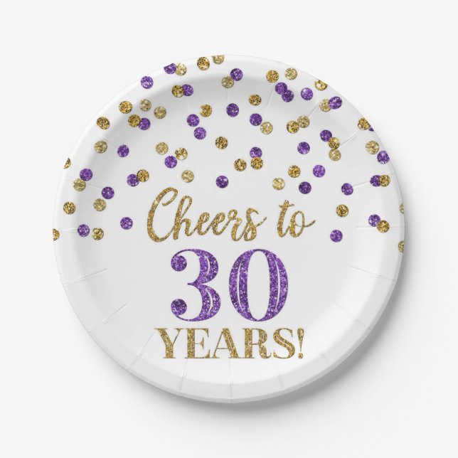 Lila Gold Confetti freut sich auf 30 Jahre Geburts Pappteller (Vorderseite)