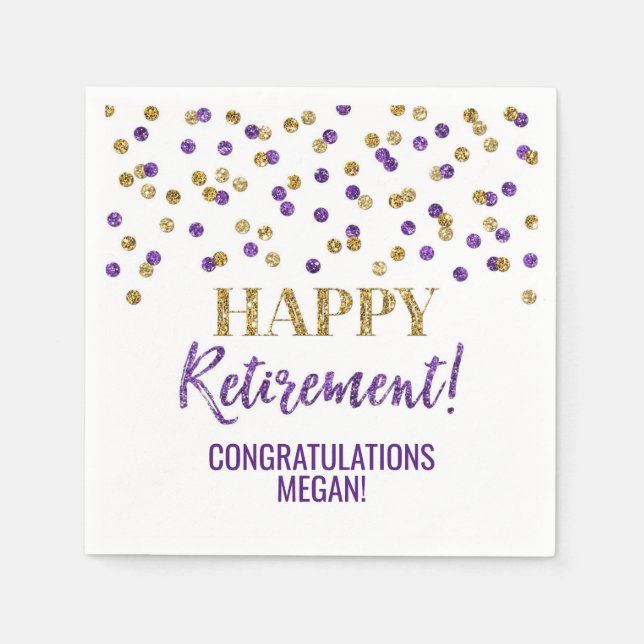 Lila Gold Confetti Happy Retirement Serviette (Vorderseite)