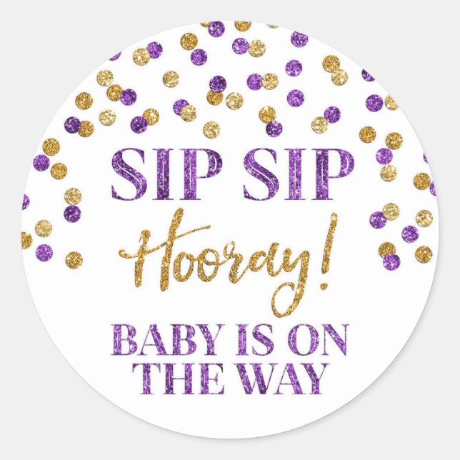 Lila Gold Confetti Sip Hooray Runder Aufkleber (Vorderseite)
