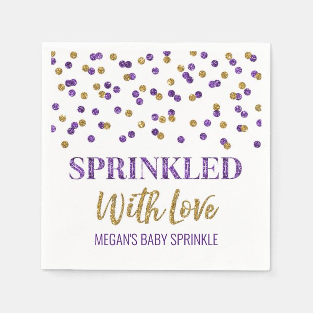 Lila Gold Confetti Sprinkler mit Liebe Serviette (Vorderseite)