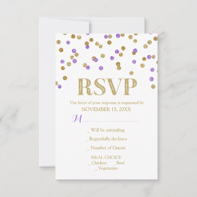 Lila Gold Confetti Wedding RSVP Cards Karte (Vorderseite)
