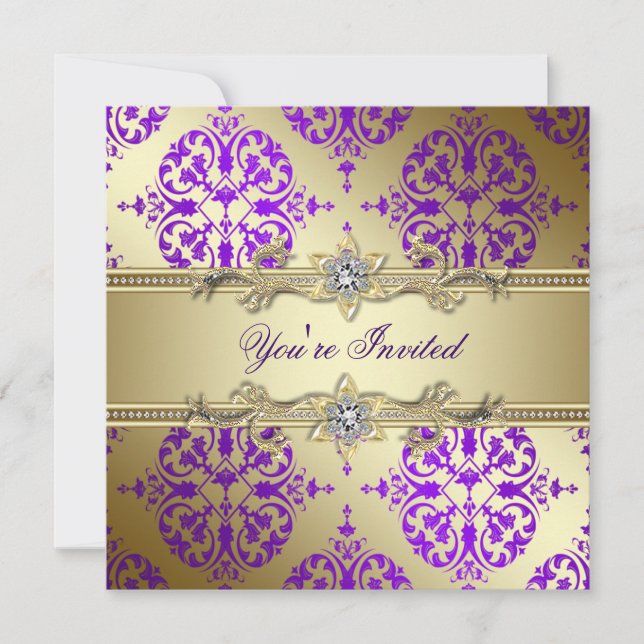 Lila Gold Damask Lila Party Einladung (Vorderseite)